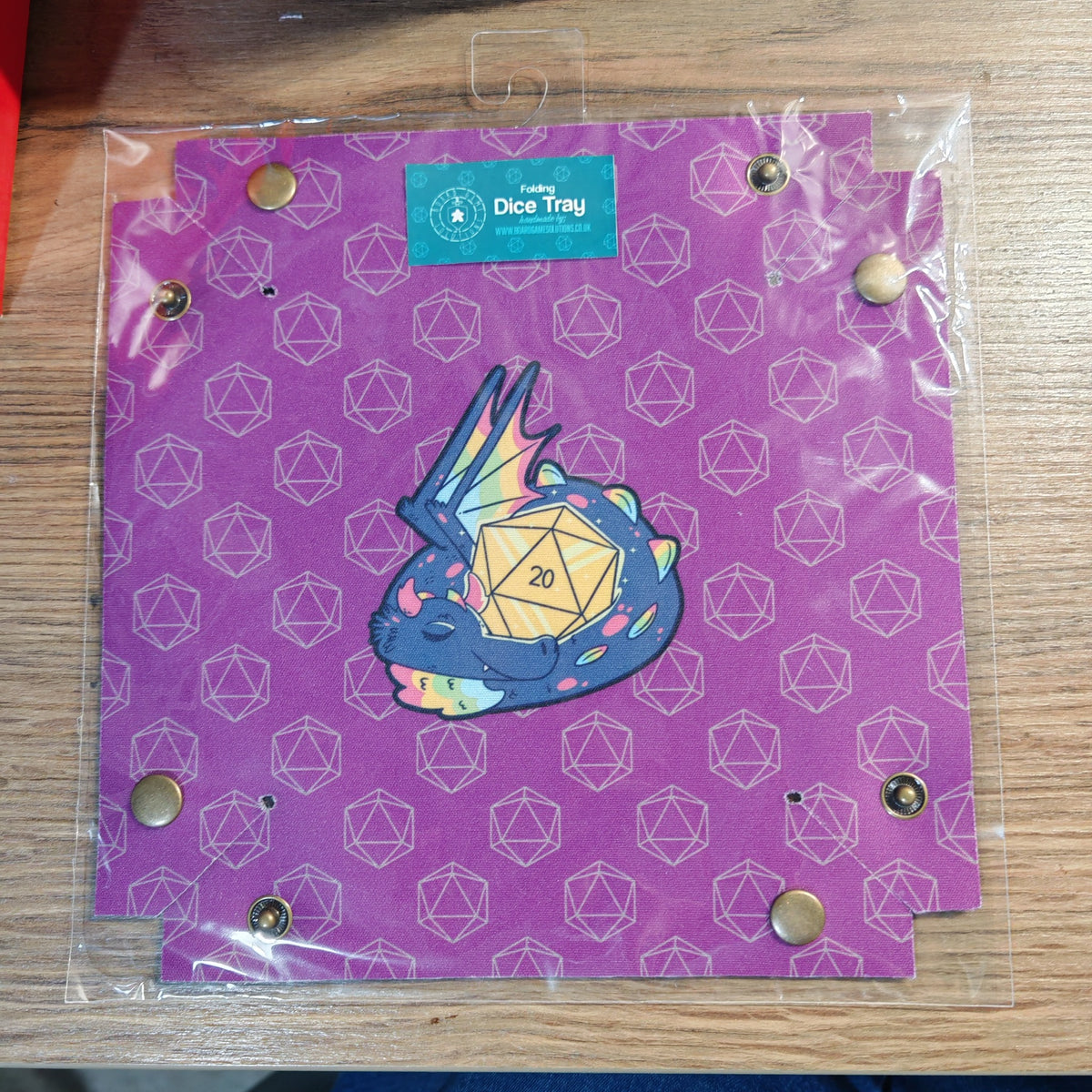 Ready to ship folding dice tray featuring Rainbow Dragon with D20