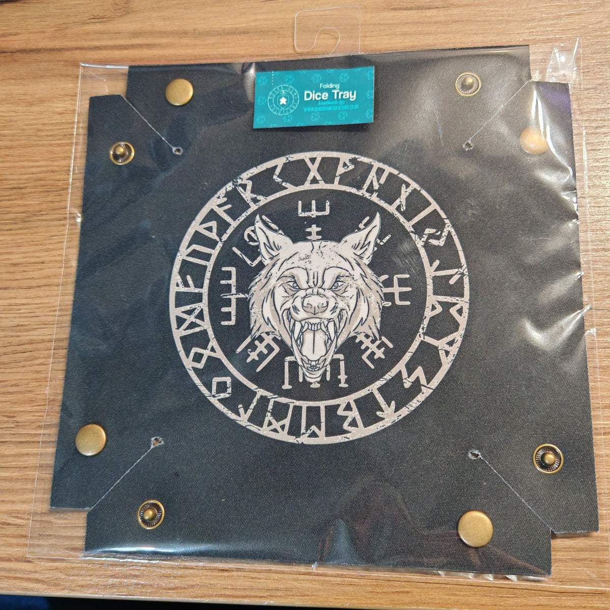 Ready to ship folding dice tray featuring Runic Wolf