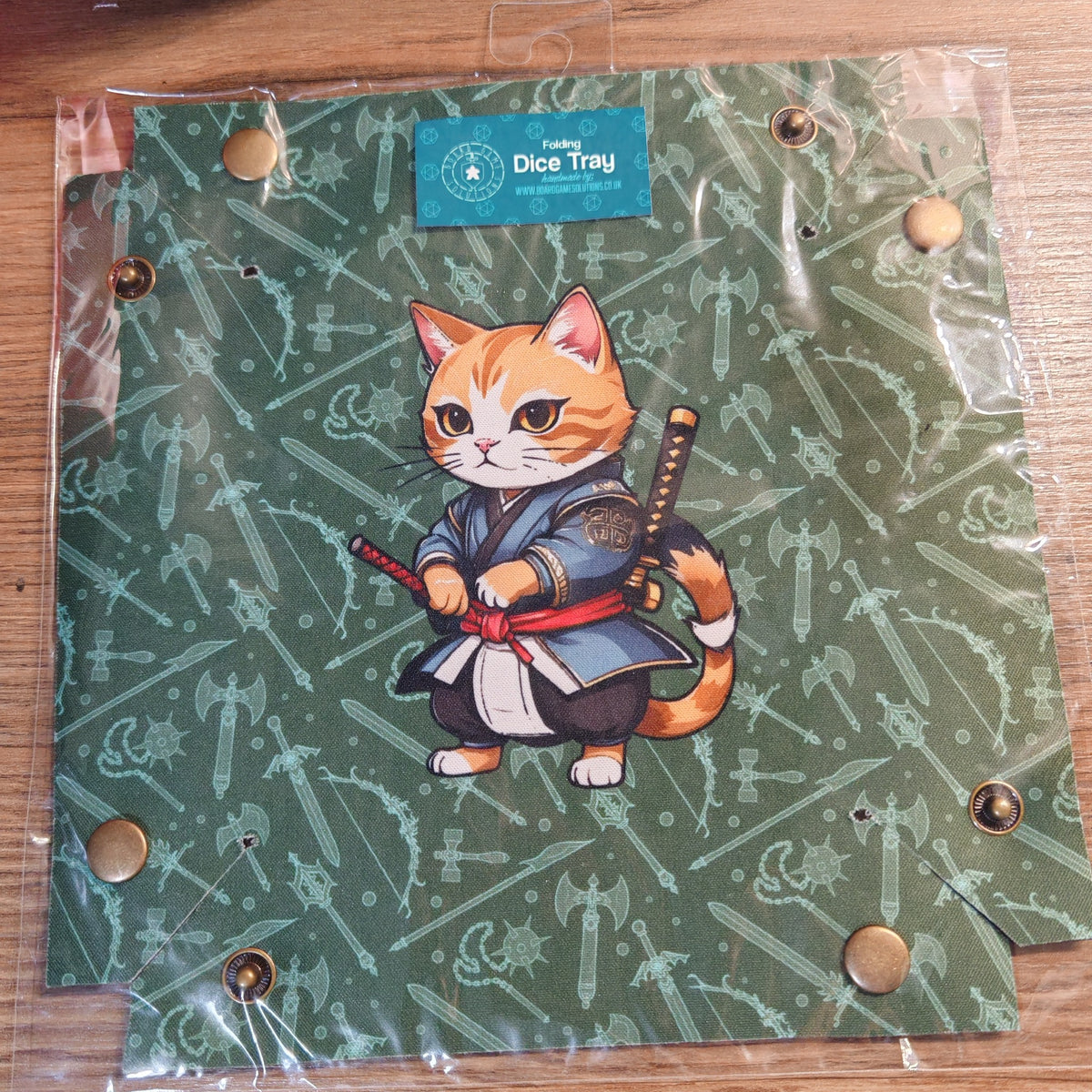 Ready to ship folding dice tray featuring Samurai Cat