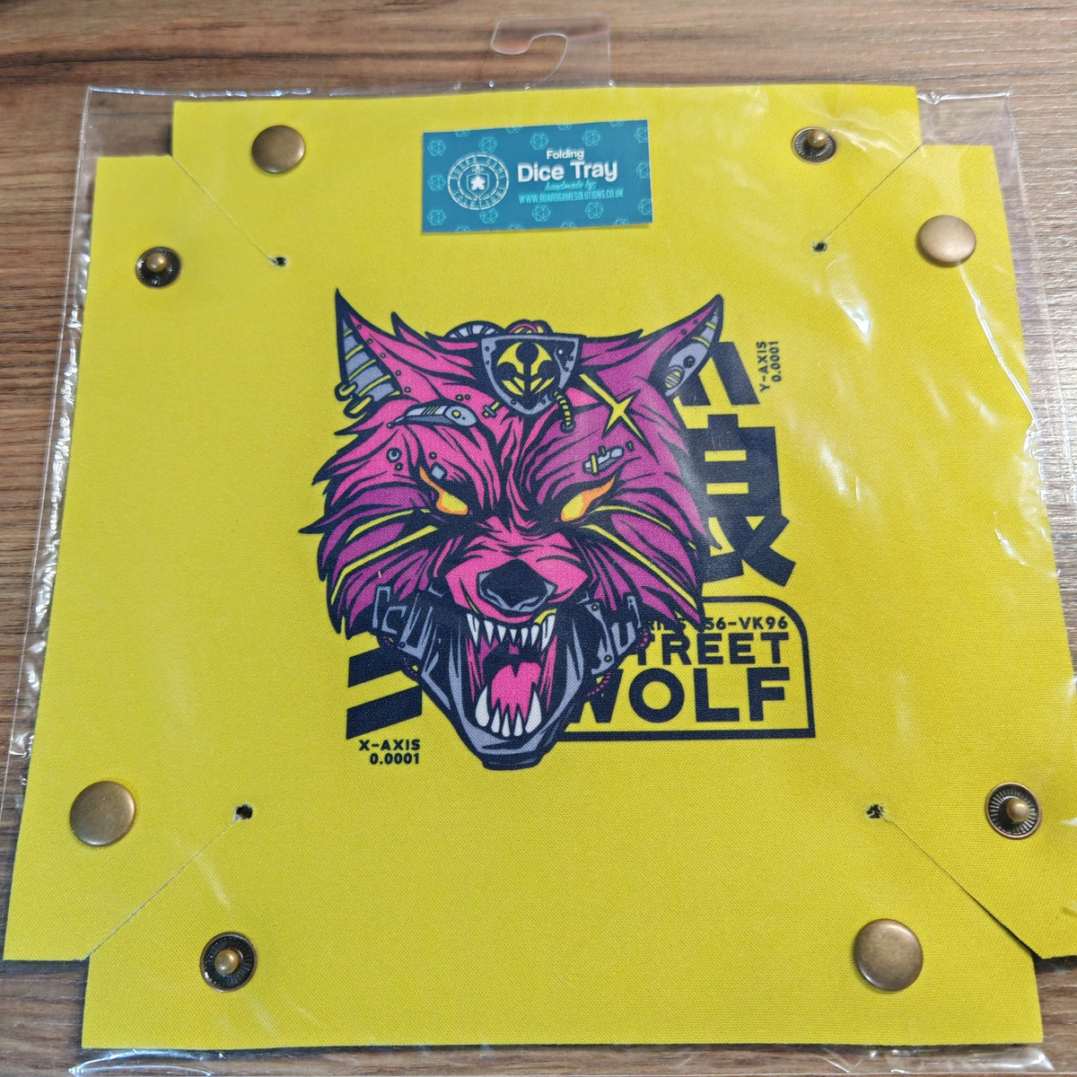 Ready to ship folding dice tray featuring Street Wolf
