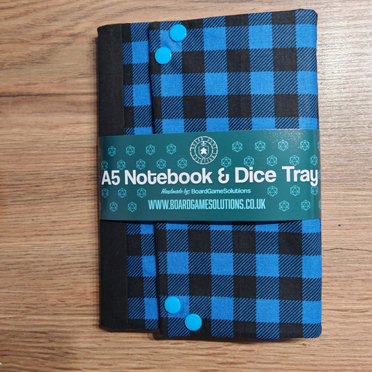 Blue Plaid A5 notebook with fold-out dice rolling tray