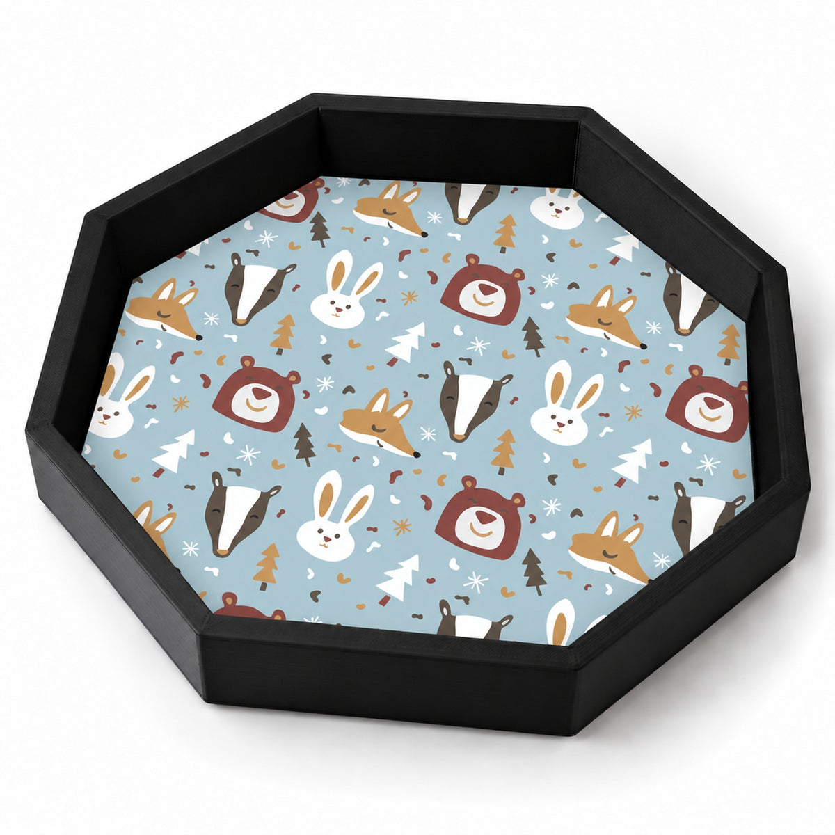 Winter Animals dice tray in black octagonal frame on white background