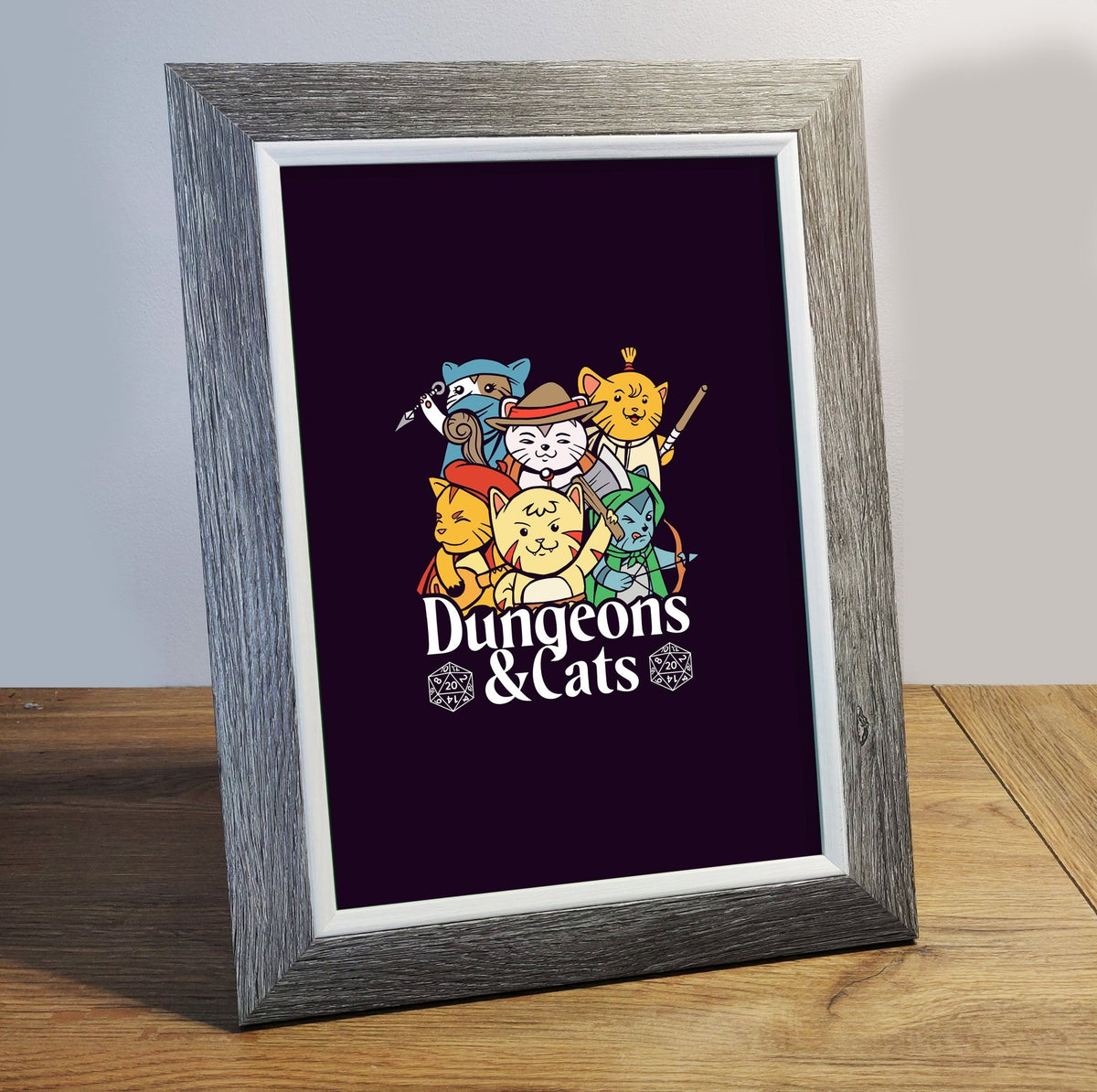 Art Print - Dungeons and Cats Game Room Print Board Game Tabletop Gaming Gifts Accessories, RPG D&D Dice