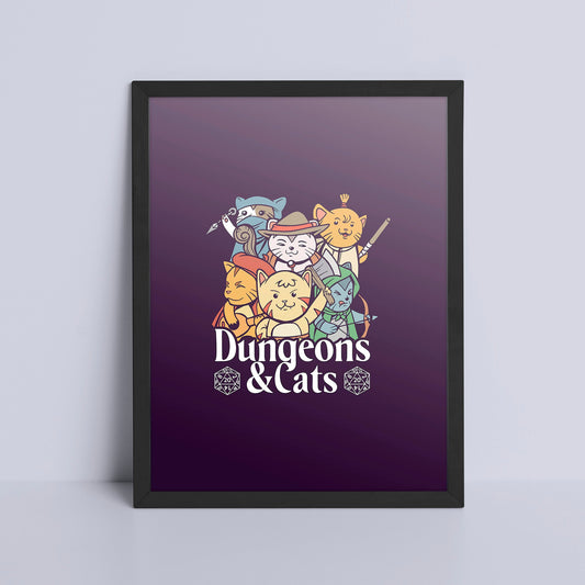 Art Print - Dungeons and Cats Game Room Print Board Game Tabletop Gaming Gifts Accessories, RPG D&D Dice