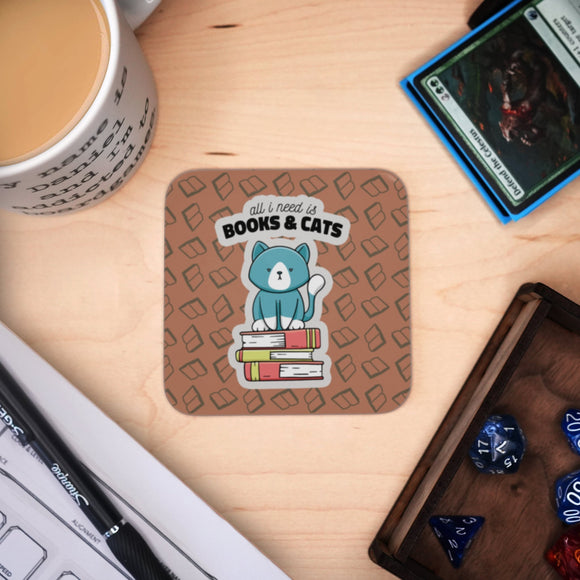 Coaster - Books and Cats Design Mug Coaster Board Game Accessories, Tabletop Gaming Gifts, RPG Dnd Dice