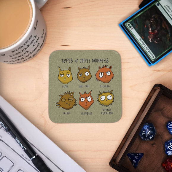 Coaster - Cats and Coffee Mug Coaster Board Game Accessories, Tabletop Gaming Gifts, RPG Dnd Dice