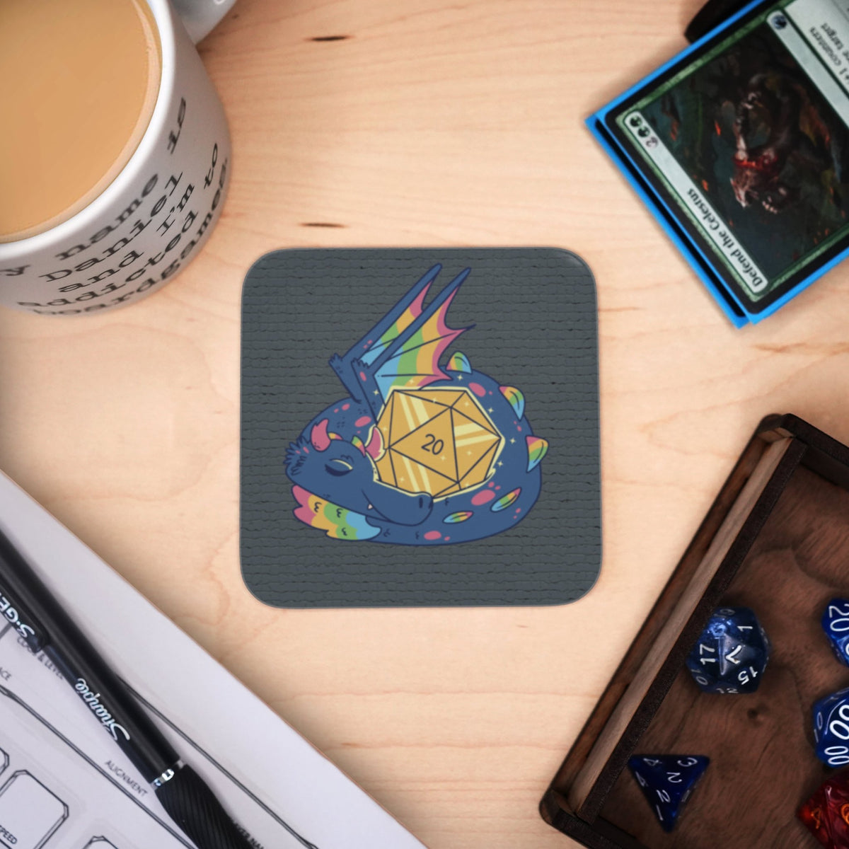 Coaster - Dragon With D20 Mug Coaster Board Game Tabletop Gaming Gifts Accessories, RPG D&D Dice