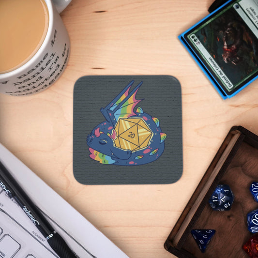 Coaster - Dragon With D20 Mug Coaster Board Game Tabletop Gaming Gifts Accessories, RPG D&D Dice