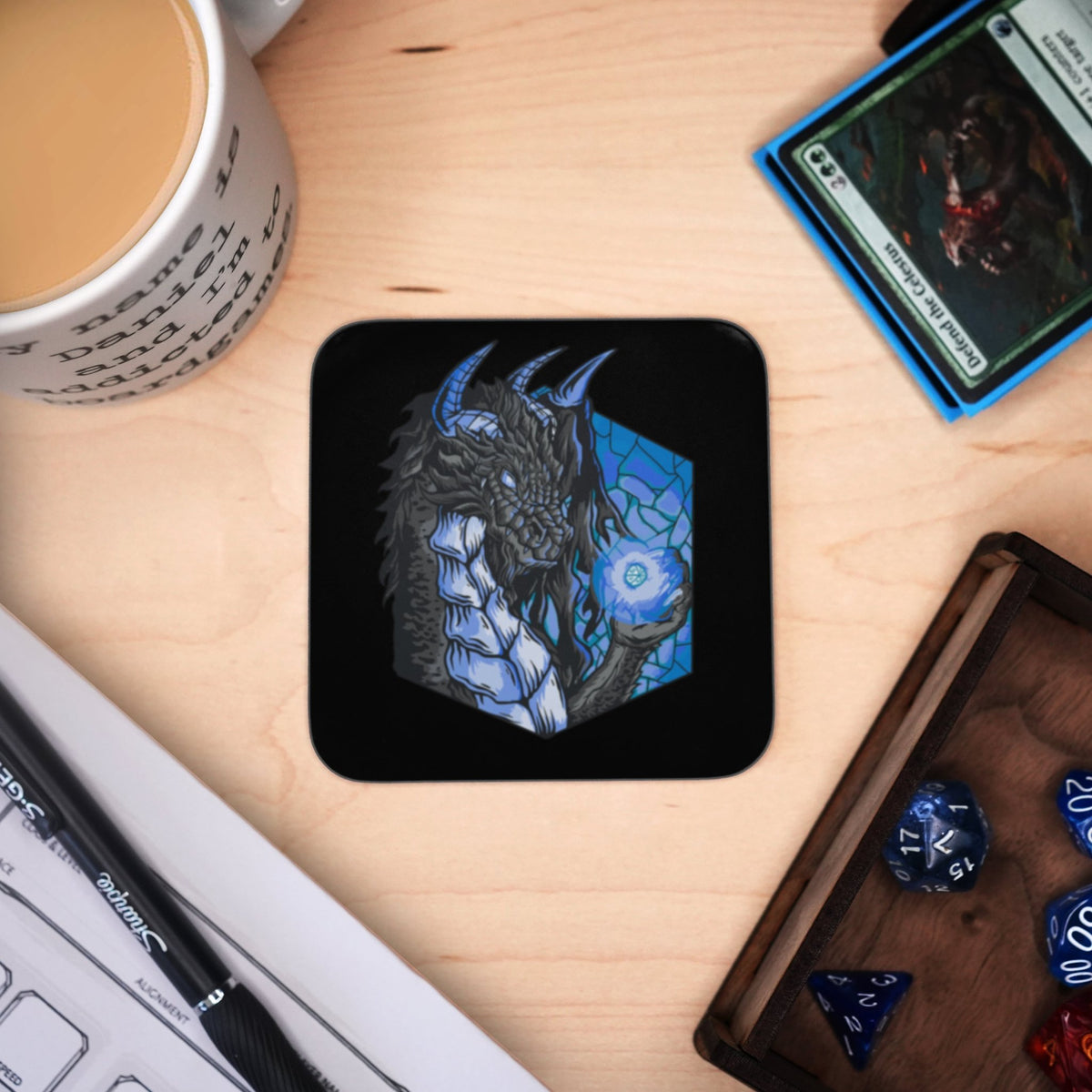 Coaster - Dragon with Dice Mug Coaster Board Game Tabletop Gaming Gifts Accessories, RPG D&D Dice